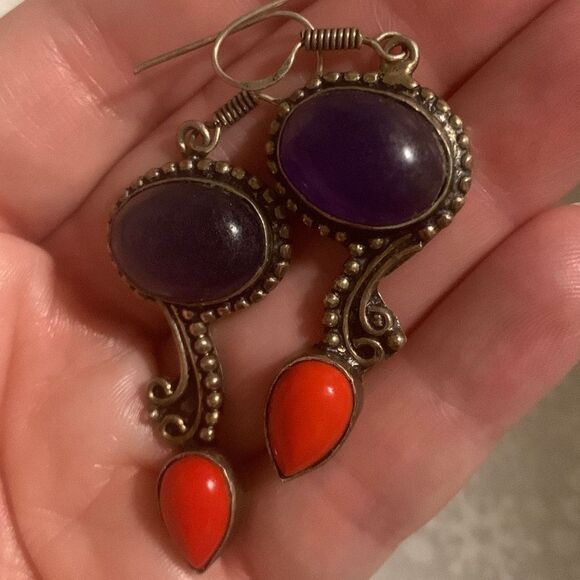 Sterling Silver 925 Blue Orange Coral Drop Earrings Pierced - Picture 9 of 12